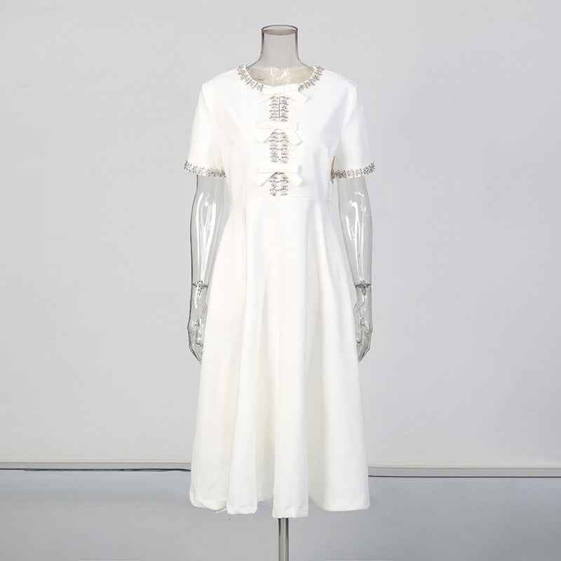 New Stylish Long Dress With A Round Neckline Bow Detail And Patchwork Design - VEX CLUB HOUSE