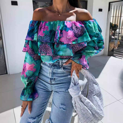 Fashionable Off-shoulder Print Blouse With A Boat Neckline - VEX CLUB HOUSE