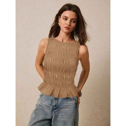 Womens Solid-Color Pleated Crew-Neck Casual Tank Top - VEX CLUB HOUSE