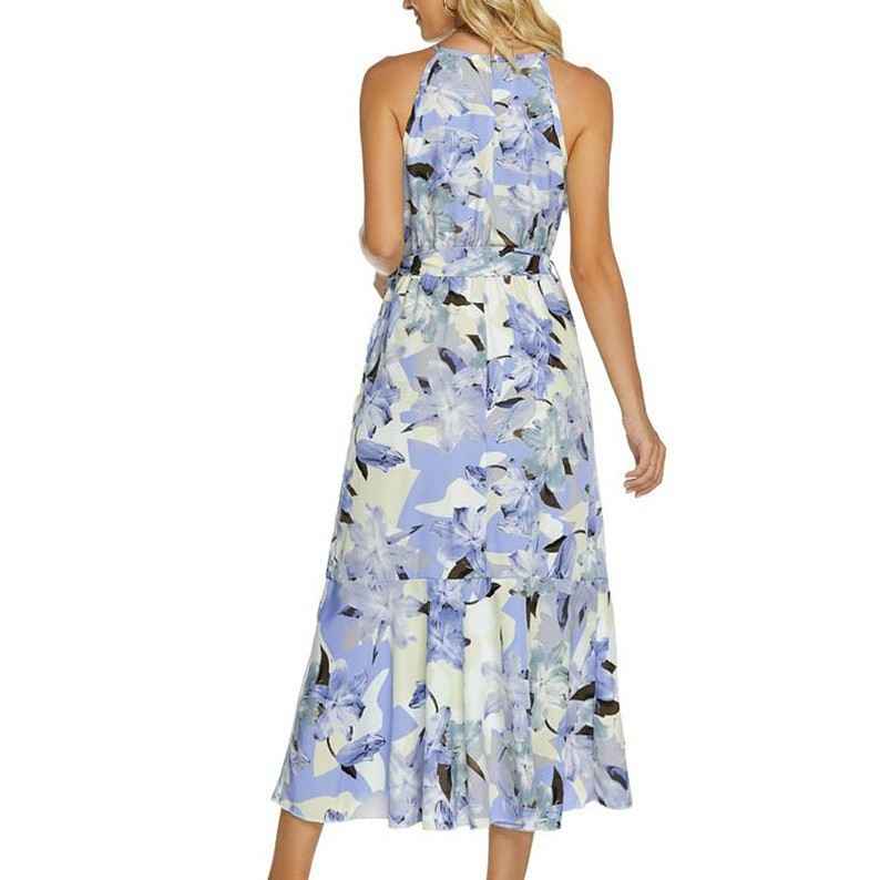 Fashionable Printed Halterneck Sleeveless Lace-Up Dress - VEX CLUB HOUSE