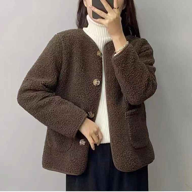 Round Neck Lamb Wool Loose Coat - VEX CLUB HOUSE