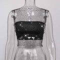 Net Drill Rhinestone Women's Clothing Short Sleeve Vest - VEX CLUB HOUSE