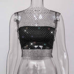Net Drill Rhinestone Women's Clothing Short Sleeve Vest - VEX CLUB HOUSE