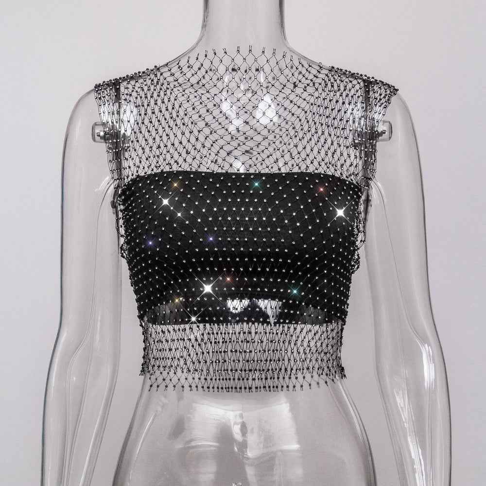 Net Drill Rhinestone Women's Clothing Short Sleeve Vest - VEX CLUB HOUSE