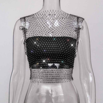 Net Drill Rhinestone Women's Clothing Short Sleeve Vest - VEX CLUB HOUSE