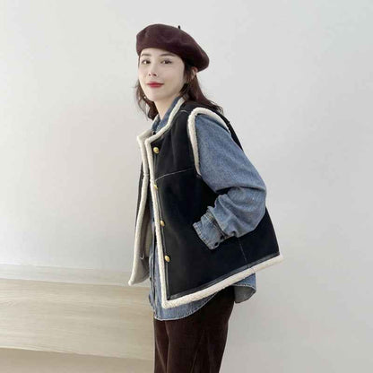 Retro Crew Neck Short Leather And Fur Vest - VEX CLUB HOUSE