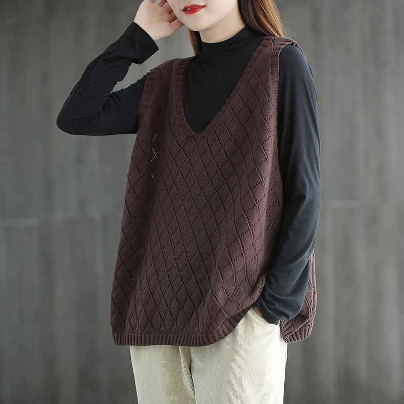 Womens Retro Loose-Neck Hollow-Out Knitted Vest - VEX CLUB HOUSE