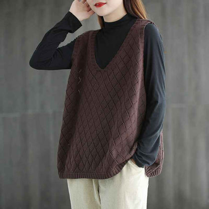 Womens Retro Loose-Neck Hollow-Out Knitted Vest - VEX CLUB HOUSE