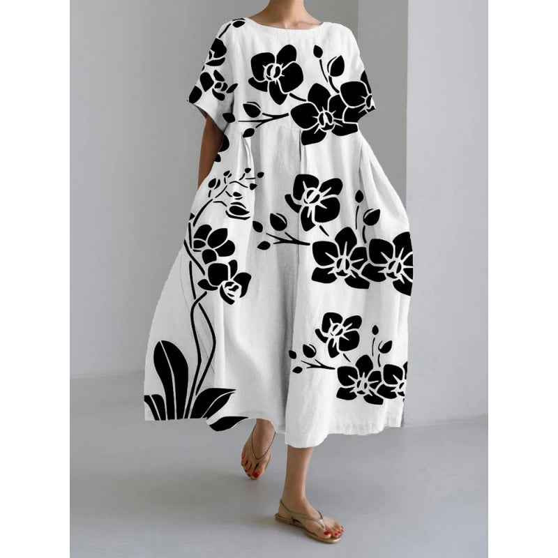 Women's Loose Round Neck Fashion Premium Short Sleeve Printed Dress - VEX CLUB HOUSE