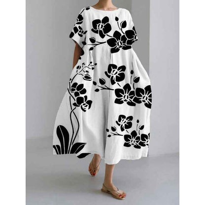 Women's Loose Round Neck Fashion Premium Short Sleeve Printed Dress - VEX CLUB HOUSE