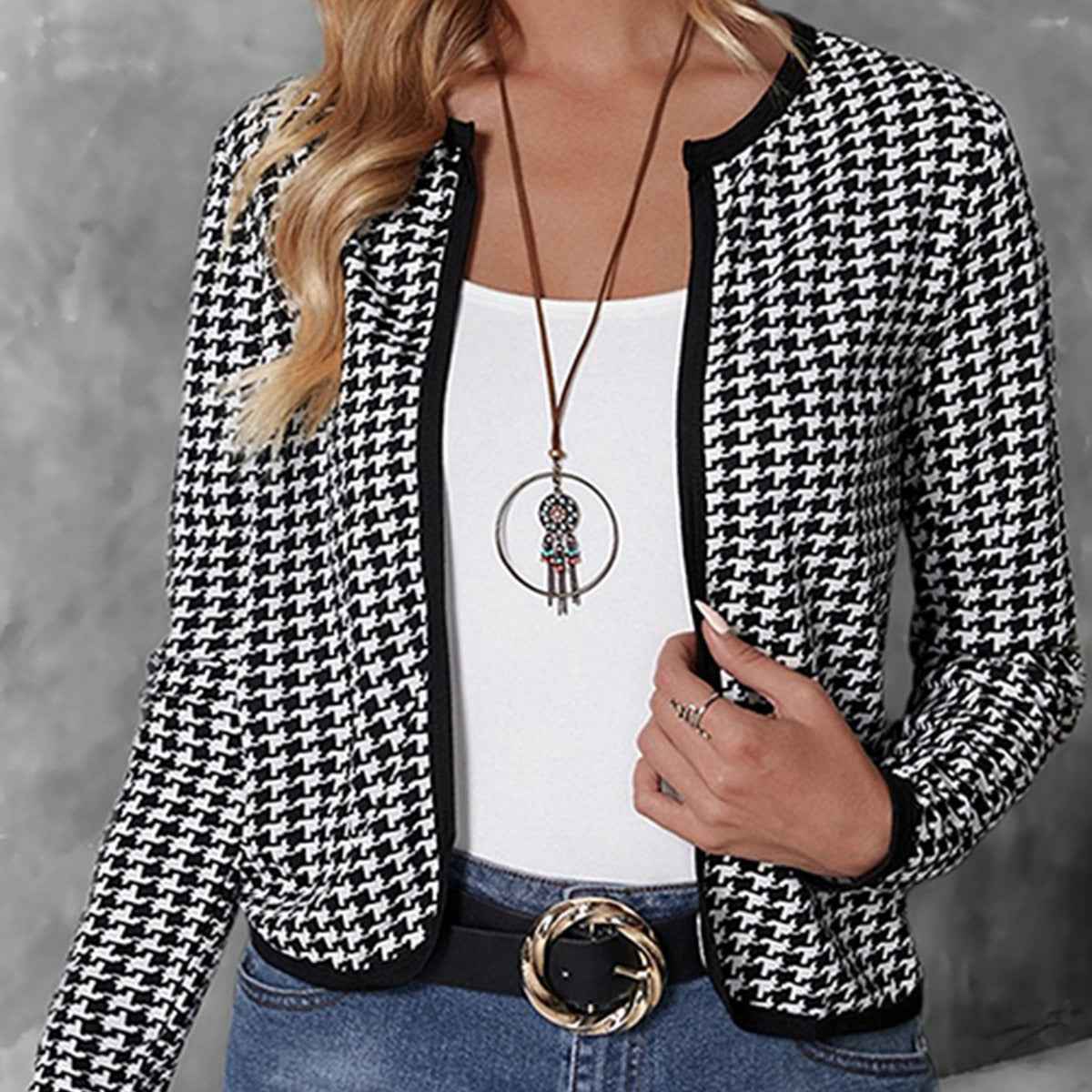 Casual Cardigan Long Sleeve Houndstooth Short Women's Coat - VEX CLUB HOUSE