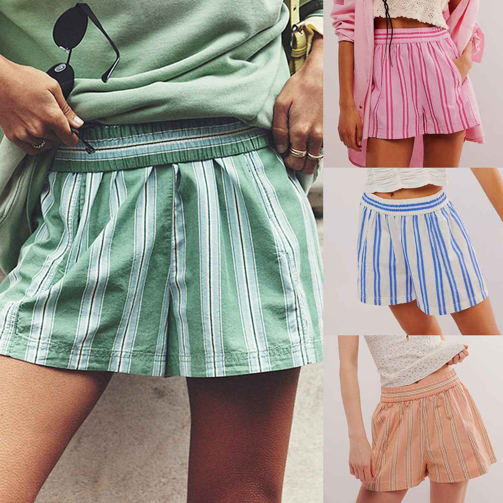 Striped Casual Elastic Pocket Beach Shorts For Women - VEX CLUB HOUSE
