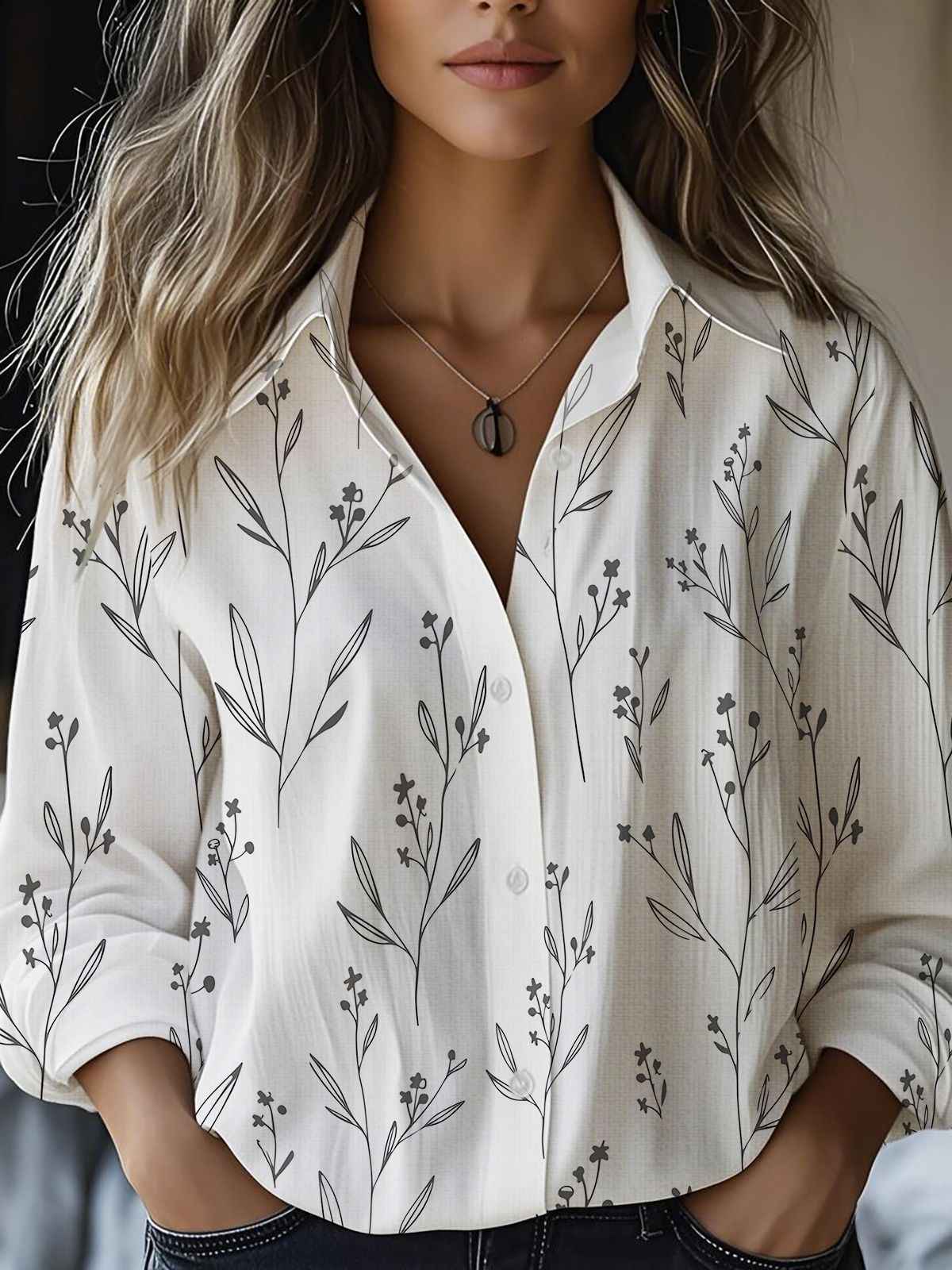 Floral-print Long-sleeve Shirt Delicate Linen Casual Blouse - VEX CLUB HOUSE
