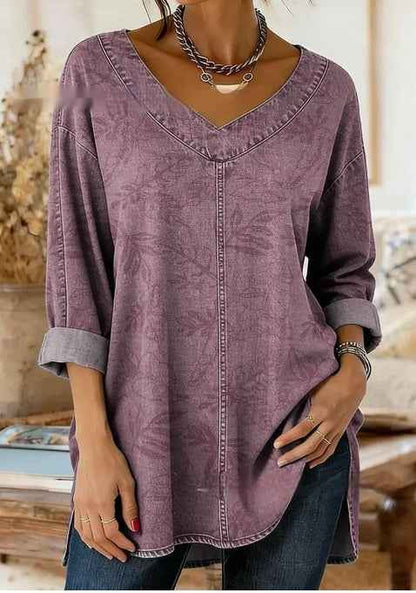 Retro Botanical Print Relaxed-fit Long-sleeve Casual Top - VEX CLUB HOUSE