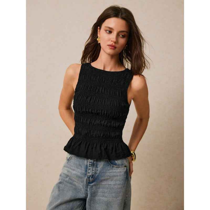 Womens Solid-Color Pleated Crew-Neck Casual Tank Top - VEX CLUB HOUSE