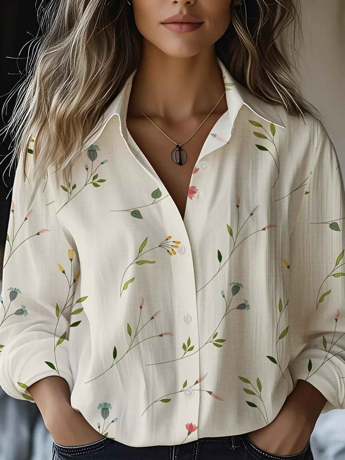Floral-print Long-sleeve Shirt Delicate Linen Casual Blouse - VEX CLUB HOUSE