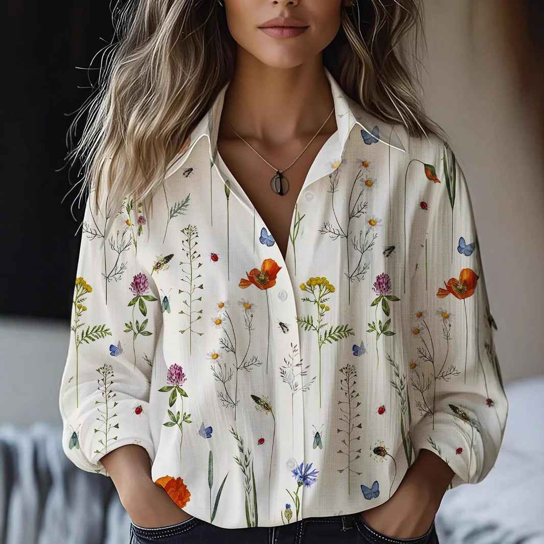 Floral-print Long-sleeve Shirt Delicate Linen Casual Blouse - VEX CLUB HOUSE