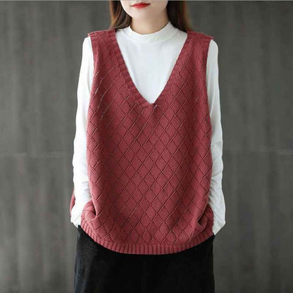 Womens Retro Loose-Neck Hollow-Out Knitted Vest - VEX CLUB HOUSE