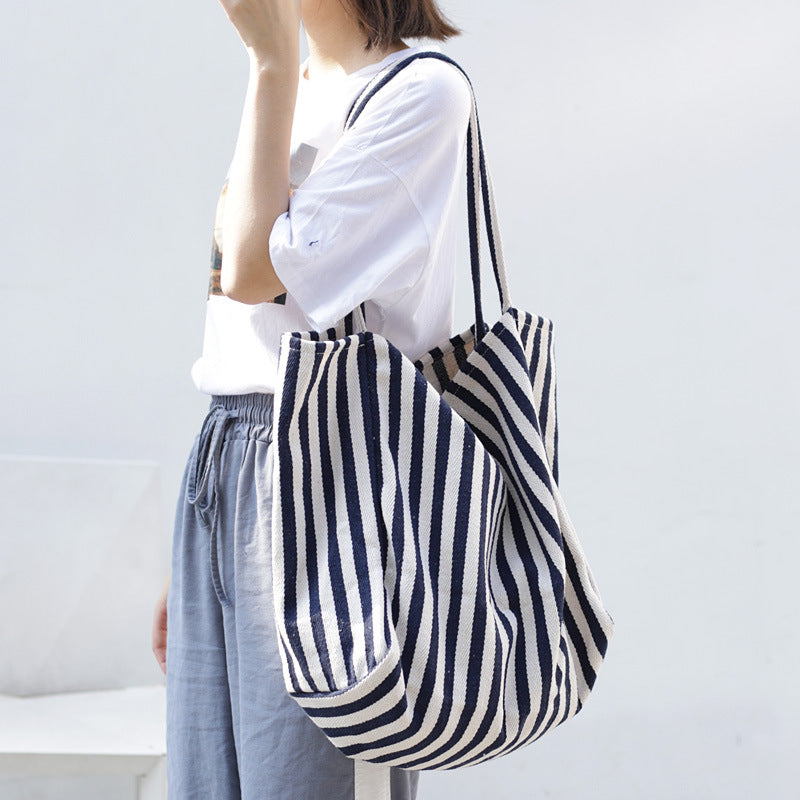 Striped Canvas Bags High Capacity Shoulder Bags For Women Fashion Shopper Handbags Casual Shopping Totes - VEX CLUB HOUSE