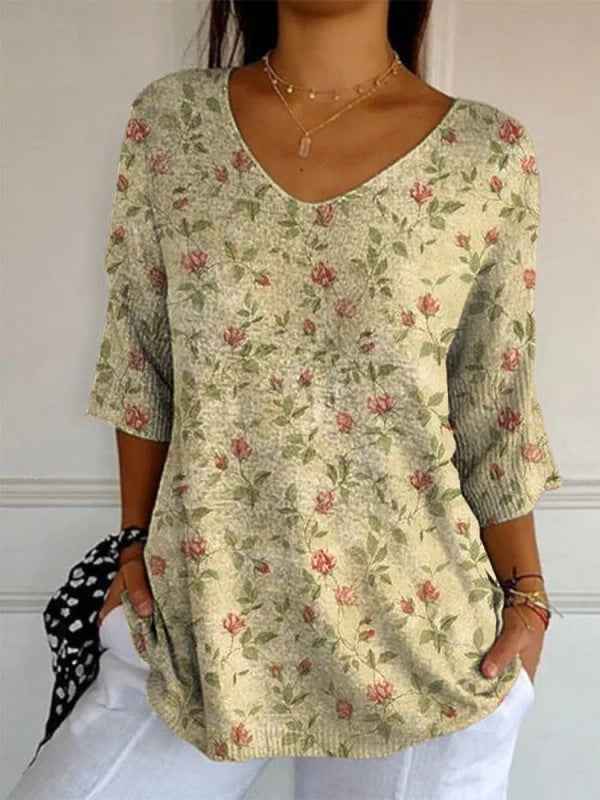 Elegant Retro Womens Casual Floral Print V-Neck Long-Sleeve Top - VEX CLUB HOUSE