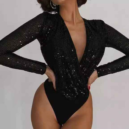 Fashionable And Sexy Beaded Long-sleeve V-neck Bodysuit - VEX CLUB HOUSE