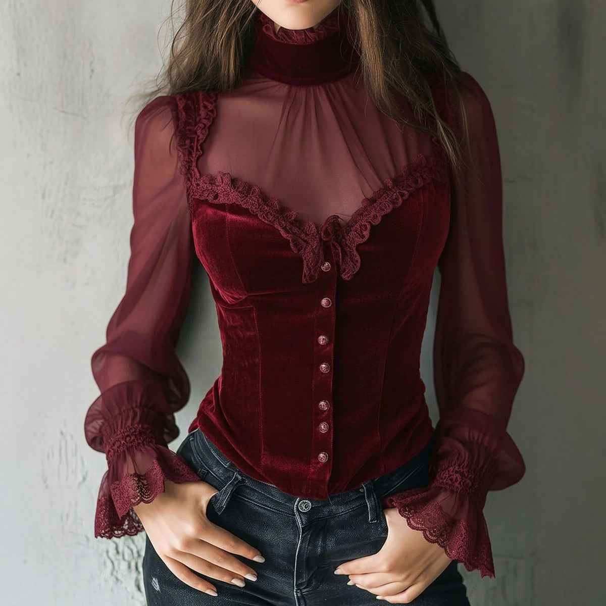 Mesh-panel Black Lace Top With Hollow-out Floral Trim - VEX CLUB HOUSE