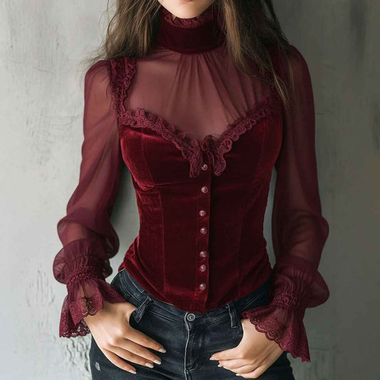Mesh-panel Black Lace Top With Hollow-out Floral Trim - VEX CLUB HOUSE
