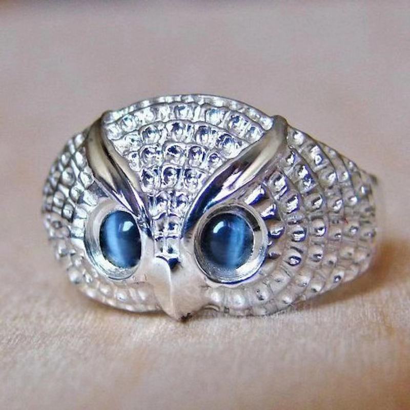 Plain Silver Retro Blue Glasses Owl Jewelry Ring Men And Women Design Owl Ring V E X C L U B H O U S E