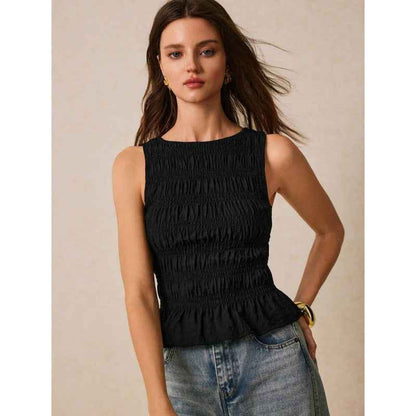 Womens Solid-Color Pleated Crew-Neck Casual Tank Top - VEX CLUB HOUSE