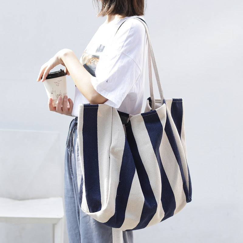 Striped Canvas Bags High Capacity Shoulder Bags For Women Fashion Shopper Handbags Casual Shopping Totes - VEX CLUB HOUSE