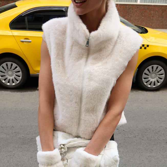 Faux Fur Stand Collar Sleeveless Top Cardigan Solid Color Zipper Vest Women's Vest - VEX CLUB HOUSE