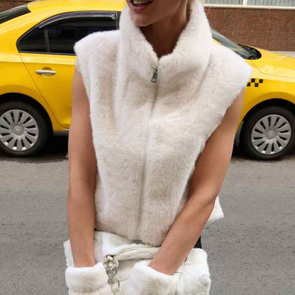 Faux Fur Stand Collar Sleeveless Top Cardigan Solid Color Zipper Vest Women's Vest - VEX CLUB HOUSE
