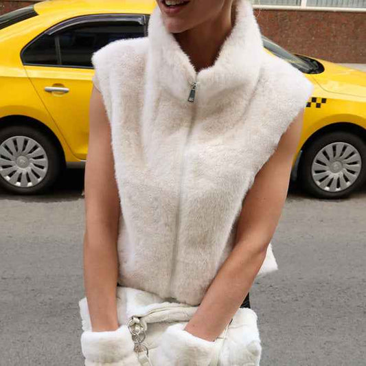 Faux Fur Stand Collar Sleeveless Top Cardigan Solid Color Zipper Vest Women's Vest - VEX CLUB HOUSE
