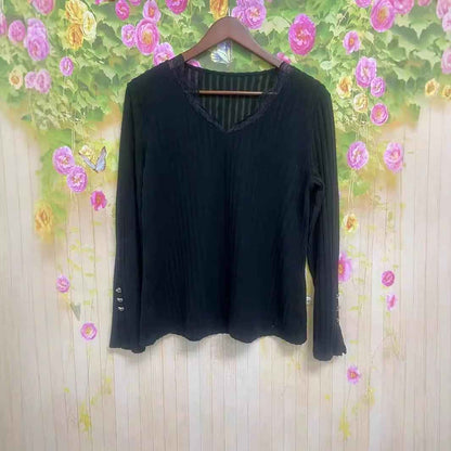 Womens V-neck Lace-button Solid-color Slim-fit Fashion Long-sleeve Top - VEX CLUB HOUSE