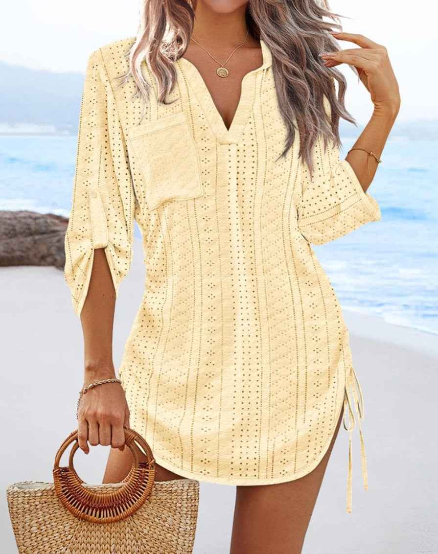 Womens Solid-Color Hollowed-Out Side-Pleated Tie-Detail Dress - VEX CLUB HOUSE