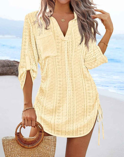 Womens Solid-Color Hollowed-Out Side-Pleated Tie-Detail Dress - VEX CLUB HOUSE