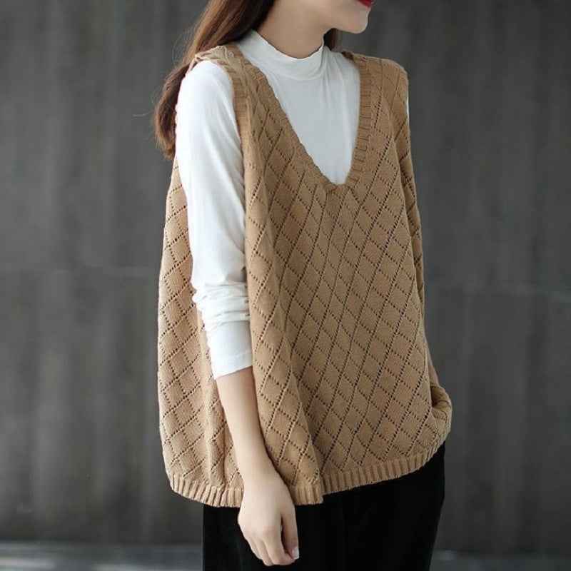Womens Retro Loose-Neck Hollow-Out Knitted Vest - VEX CLUB HOUSE