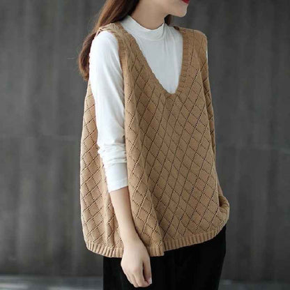 Womens Retro Loose-Neck Hollow-Out Knitted Vest - VEX CLUB HOUSE