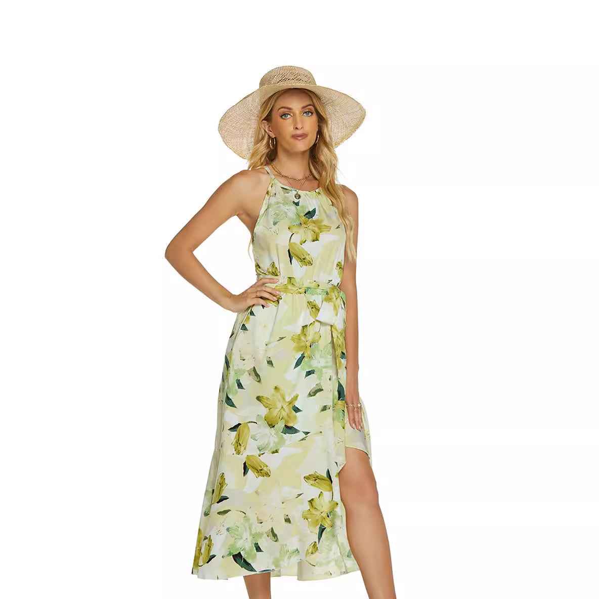 Fashionable Printed Halterneck Sleeveless Lace-Up Dress - VEX CLUB HOUSE