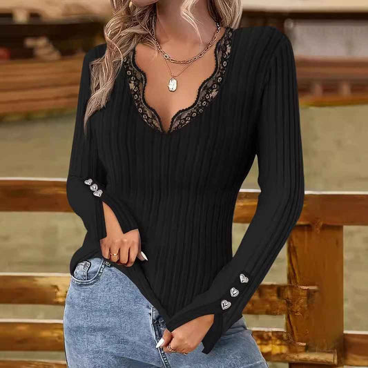 Womens V-neck Lace-button Solid-color Slim-fit Fashion Long-sleeve Top - VEX CLUB HOUSE