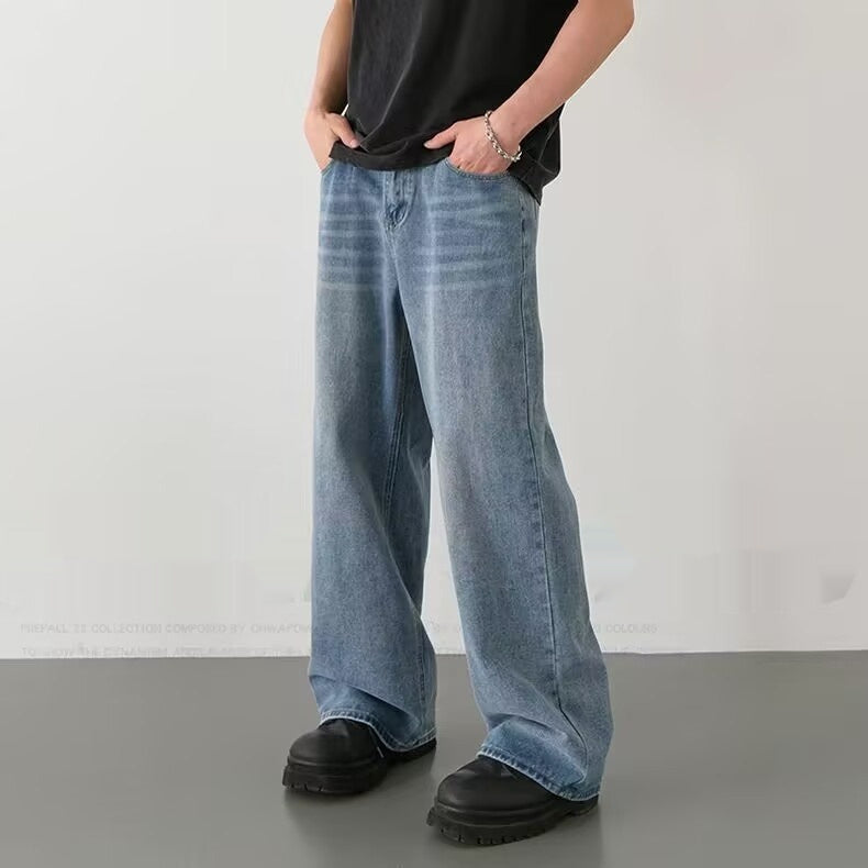 Mens Straight-Leg Relaxed-Fit Vintage Blue Denim Jeans In American Style - VEX CLUB HOUSE