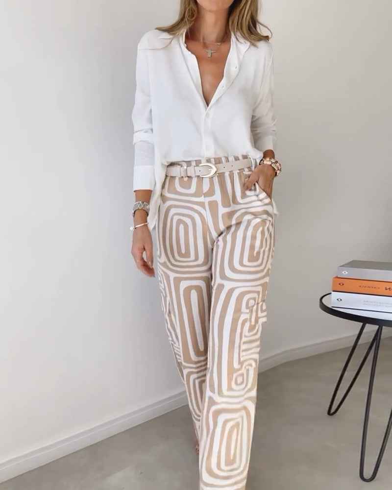 Women's Casual Long-sleeved Lapel Shirt Printed Wide-leg Pants Suit - VEX CLUB HOUSE