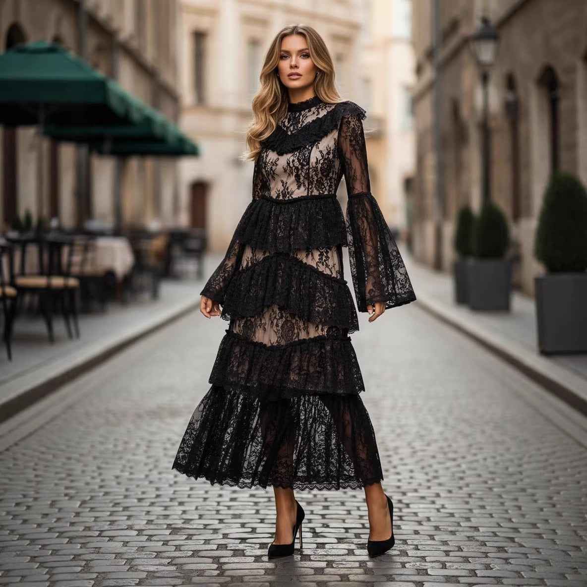 Stand-collar Embroidered Ruffled Maxi Dress - VEX CLUB HOUSE