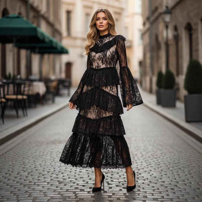 Stand-collar Embroidered Ruffled Maxi Dress - VEX CLUB HOUSE