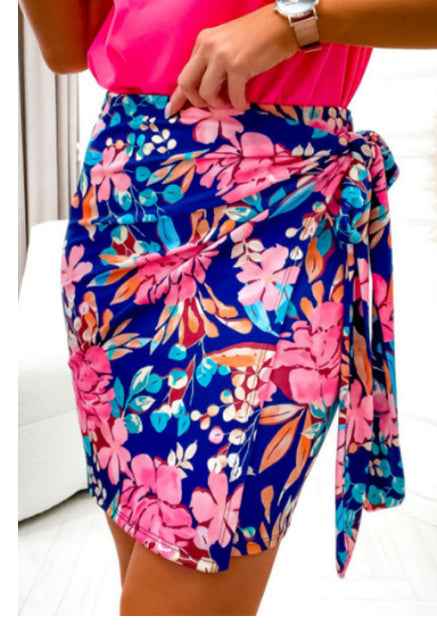 Blue Floral Print Lace-up High Waist Bodycon Mini Skirt - VEX CLUB HOUSE