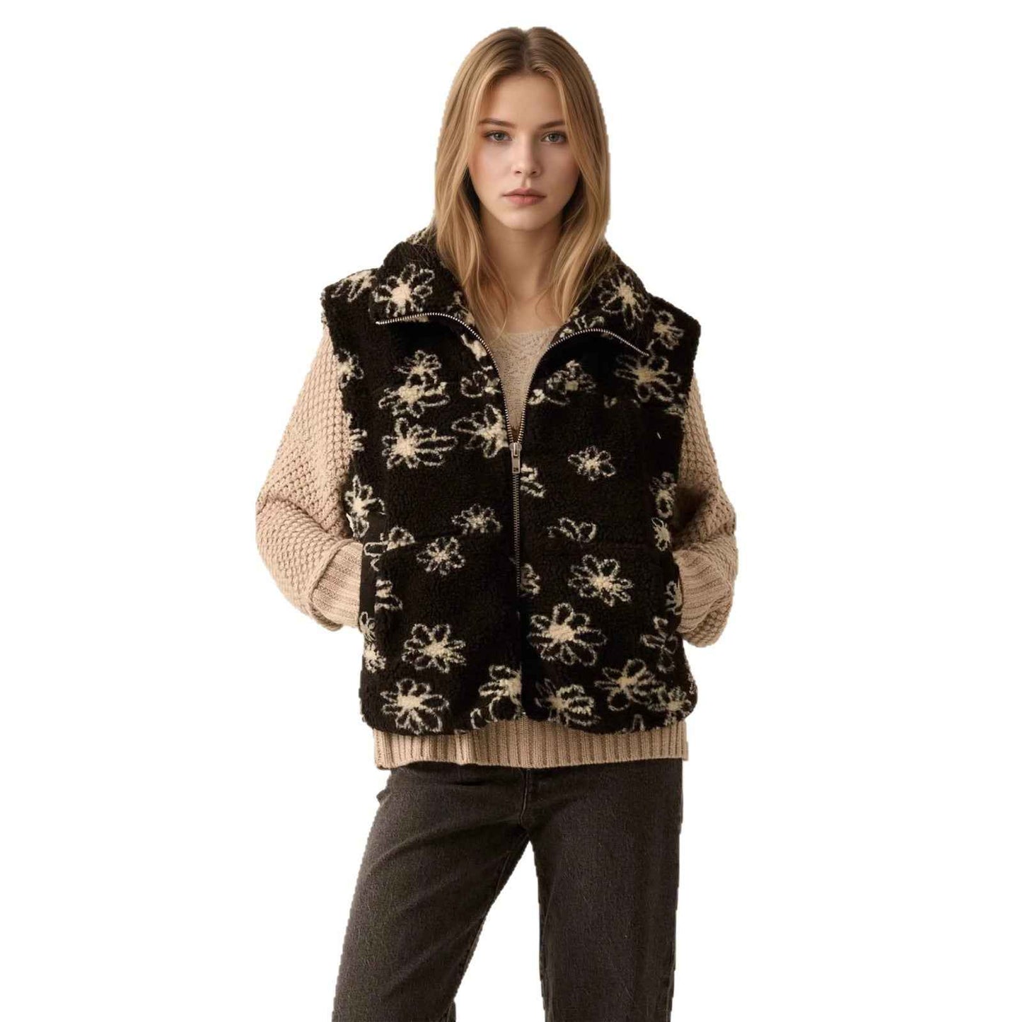 Fashion Polo Collar Flower Print Lamb Wool Vest - VEX CLUB HOUSE
