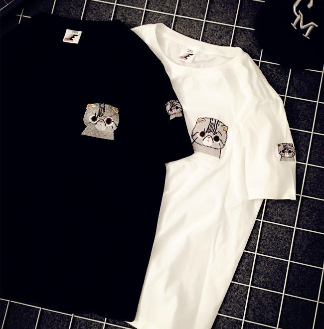 summer new Korean embroideryshort-sleeved T-shirt street fashion BF wind men and women couples tee - VEX CLUB HOUSE