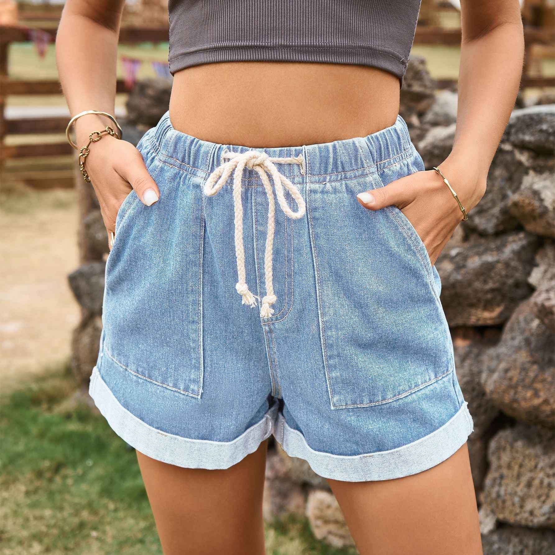 Tied Elastic Waist Curling Denim Shorts For Women - VEX CLUB HOUSE