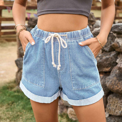 Tied Elastic Waist Curling Denim Shorts For Women - VEX CLUB HOUSE