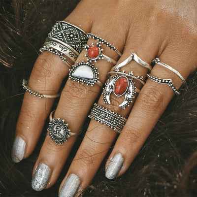 Vintage silver carved joint ring with red and white turquoise - VEX CLUB HOUSE